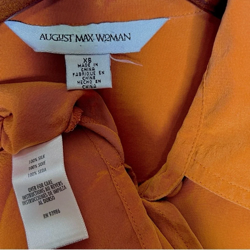 ⭐️ August Max Orange SILK Vintage Button Up Roomy Blouse Womens XS - Picture 7 of 8